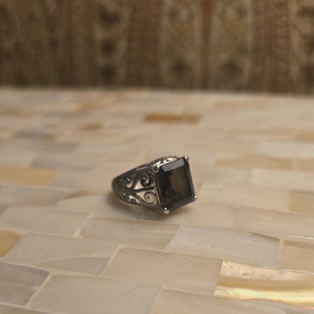 Vintage Silver Tone Large Smoky Topaz Rectangular Diamond Cut Ring, Size 6